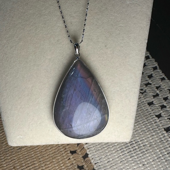 B.Rising Jewelry - Purple/Rainbow Flash Labradorite Teardrop Pendant Necklace on Silver 925 Chain